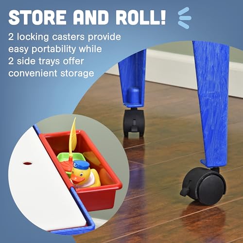 Constructive Playthings Indoor/Outdoor Sand and Water Activity Table for Kids Ages 1-3, Portable Classroom Play Table with Dry-Erase Top and 2 Side Trays, Blue/Red