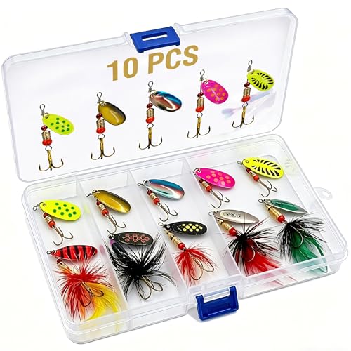 Fishing Spinner Lures Kit 10PCS, Inline Spinner Baits with Treble Hooks and Feather Tails, Rooster...