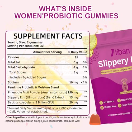 Image of Slippery Elm Feminine Probiotic Moisture Gummies, pH Balance, Vaginal Flora, Odor Health with Bacillus coagulans, Delicious Pineapple Flavor, 60 Count