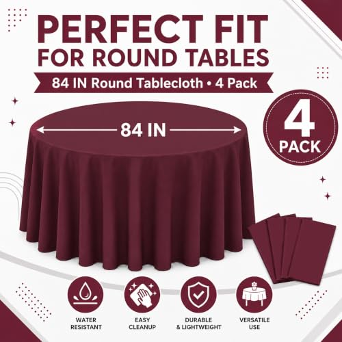 Image of WNINK 4 Pack Burgundy Round Tablecloth, 84 Inch Disposable Plastic Table Covers, Burgundy Round Table Cover for Wedding, Bridal Shower, Anniversary, Holiday, Banquet Party Supplies