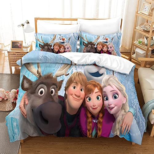 Juego de funda de edredón de Frozen de tamaño doble, diseño de dibujos animados, fácil cuidado para niños, niñas, adultos, con cierre de cremallera y funda de almohada