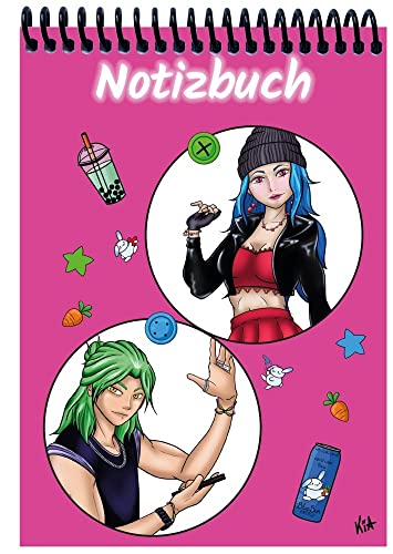 A 4 Notizblock Manga Quinn und Enora, pink, kariert: Spiralbindung, Notizblock, Tagebuch, Notizen für die Schule, Uni oder unterwegs, verschiedene Lineaturen und Muster