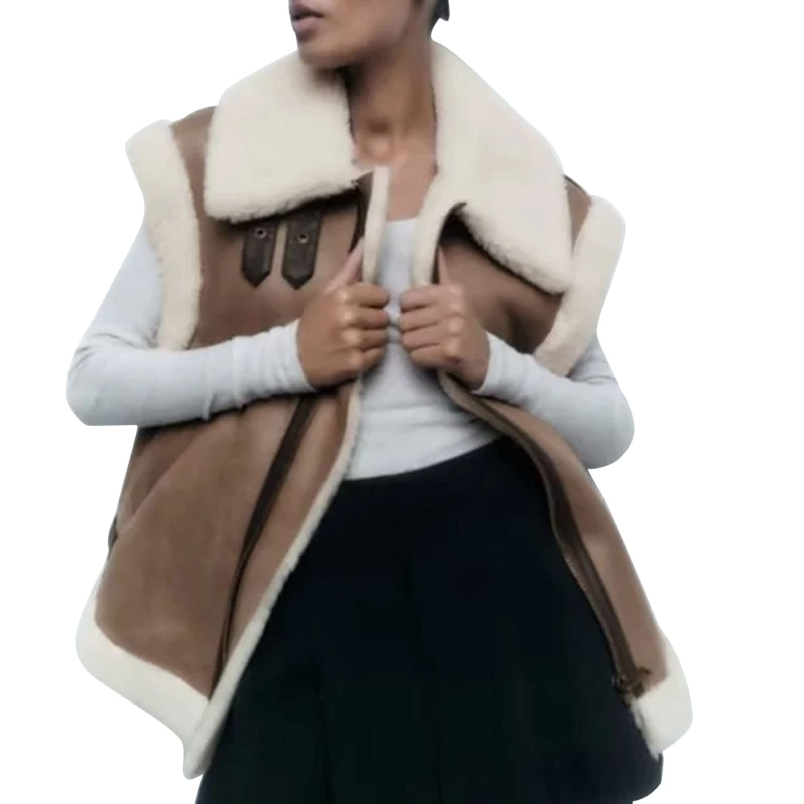 Uwdiohq Benutzerdefinierte Trending Winter Damen Mäntel Kontrastiert Plus Size Mantel Lässige Ärmellose Bikerjacken Für Retouren Shop (Coffee, M) Lange Daunenweste Steppweste Lang Ärmellos Dünne