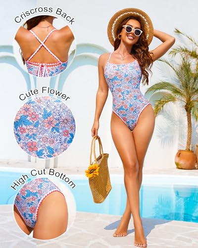 Image of Jolefille Womens One Piece Swimsuit Tummy Control Modest Bathing Suit Teen Girls Swim Suit Cute Floral Swimwear