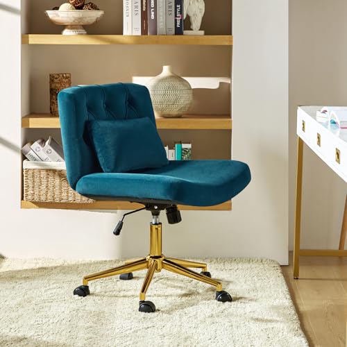 HULALA HOME Vanity Chair with wheels Criss Cross Legged Armless Adjustable Height Velvet Swivel Chair for Home Office Bedroom
