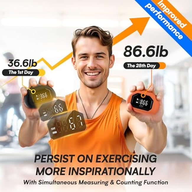 Hand Grip Strength Tester Trainer - HICHOR Rechargeable Mini Hand Strength Dynamometer for Hand Palm and Finger Workouts with Finger Exerciser and Stretcher Exercise Equipment Black Orange