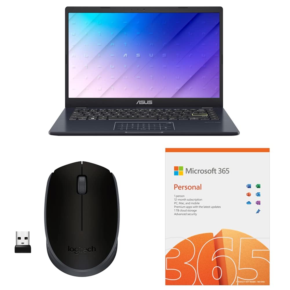 ASUS Eeebook 14, 14-inch (35.56 cms) HD, Intel Pentium Silver N6000, Thin and Laptop (4GB/256GB SSD/Integrated Graphics/Windows 11/Office 2021/Black/1.3 kg), E410KA-BV121WS + Mouse + M365 12 Months