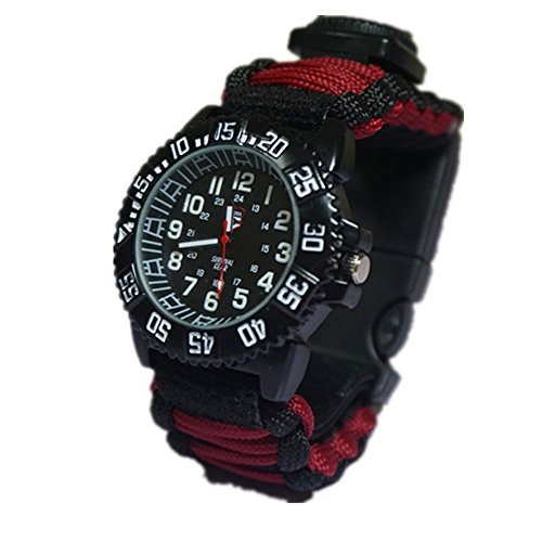 Survival Paracord Watch,8-in-1 Emergency Survival Kits with Paracord,Rescue Knife,Compass,Whistle, Thermometer,Water Resistance Men Women Watches, Glows in The Dark (Red)