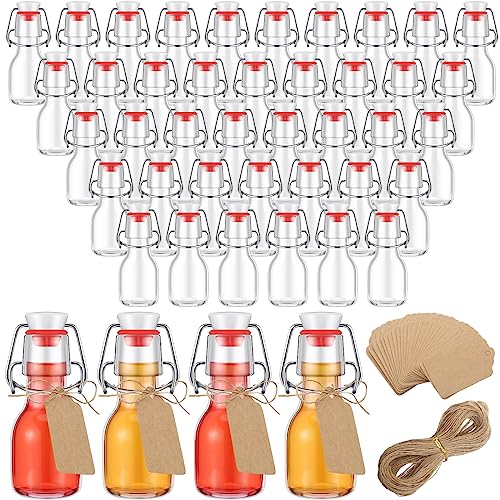 Queekay Mini Flip Top Glass Bottle, 2 oz, 50 Pcs Set, Decorative Bottles for Wedding Party Favors, Clear, with Kraft Paper Tags and Jute Rope by Queekay - Used condition - US$26.77