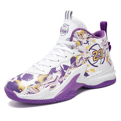 Männer Basketballschuhe No-Rutsch Outdoor Schuhe für Frauen Mode Graffiti Training Schuhe High Top Sportschuhe 35EU-45EU 8908 weiß lila EU 35