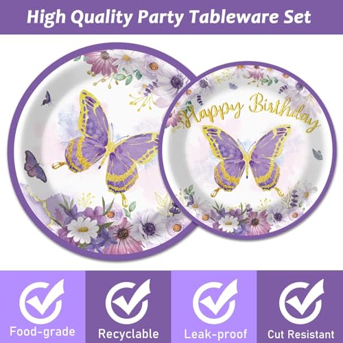 Image of ZOIIWA 96 PCS Purple Butterfly Birthday Party Tableware Set - Butterfly Themed Party Decorations, Plates, Napkins, Forks for Girls, Women, Baby Shower Favors