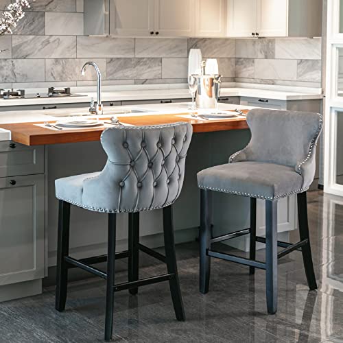 Dklgg Counter Height Bar Stools Set Of 2, Upholstered Velvet Bar Stool With Back, Tufted Kitchen Counter Stools For Island, High Bar Stools For Dining Room,Pub, Chrome Nailhead Trim, 26.7''H (Grey) #TOP2