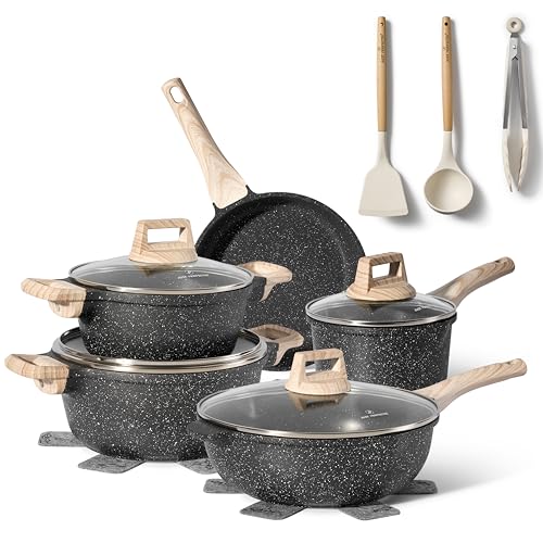 JUST PERFECTO Topf und Pfannenset Induktion - Pfannenset mit deckel - Induktions Töpfe Set - Töpfe und pfannen set ohne PTFE und PFOA - Kochtopfset induktion (14-Teilig Schwarz)