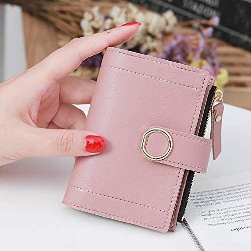 Jennyfly Girls Wallet for Shopping, Fashion Women Girls Cute Short Style Clutch Zipper Wallet PU Leather Purse with Multiple Card Slots Small Purse with Wrist Strap for Shopping Travel - Rose Pink