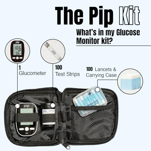 Pip Blood Glucose Monitor Travel Kit, 100 Glucometer Strips, 100 Lancets, 1 Blood Sugar Monitor, Blood Sugar Test Kit with Control Solution, Diabetes Travel Testing Kit, Pre-loaded Lancets