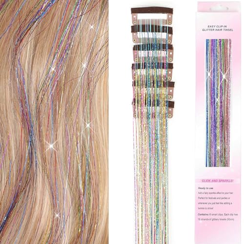 Image of MAYCREATE 6pcs Hair Tinsel Hair Extensions for Women Girls, Glitter 20'' Clip-in Fairy Hair Tinsels Highlight Sparkling Tinsel Clips for Party, Festival (Colorful)