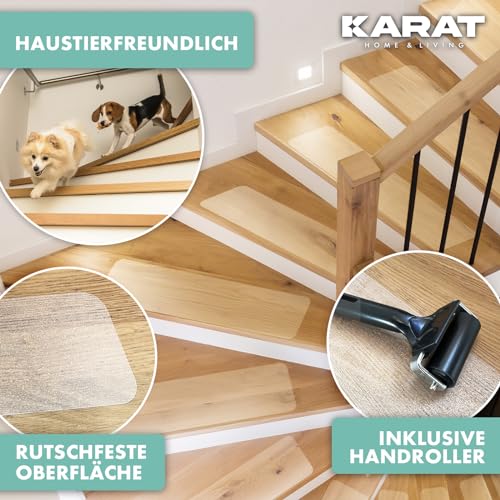 KARAT Stufenmatten transparent für Treppen -15 Stück - 60 x 10 cm, Antirutschstreifen selbstklebend inkl. Montageroller - Treppenstufen Matten für Holztreppen, Anti Rutsch Streifen Treppe (Henri)