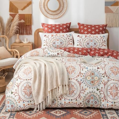 Tospass Housse de Couette 240x260 Boho Mandala Fleurs Blanc Coloré Parure de Lit 240x260 Adultes 2 Personnes Rétro avec Fermeture Éclair Housse Couette en...