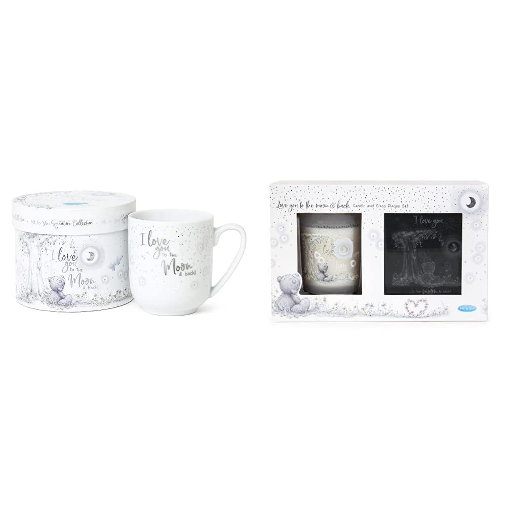 Me To You AGM01044 Tatty Teddy 'Love You to The Moon & Back' Ceramic Mug in a Gift Box, 330ml Tatty Teddy 'Love You to The Moon and Back' Candle and Wall Plaque Gift Set, Blue,grey