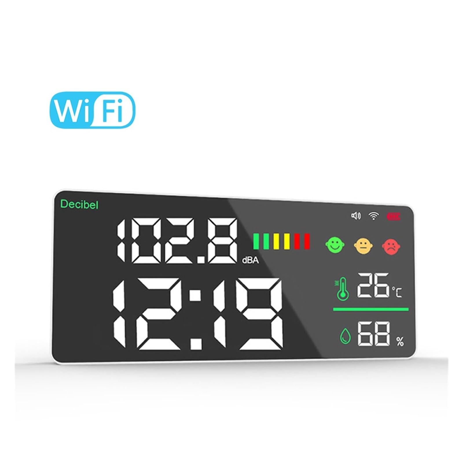 WiFi Noise Decibel Meter 4in1 Temperatur Luftfeuchtigkeit Decibel Test Wecker 11 Zoll LED-Farbverbindungssteuerung Breites Anwendungsspektrum