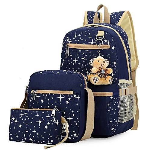 Star Print Girls Canvas Backpacks Set For School, School Bags Bookbags For Teenage Girls, With Crossbody Bag, 3 Pieces #TOP17