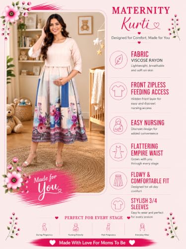 Image of RITIJYA Zipless Feeding Kurta Dress for Women | Maternity Nursing Kurti, No-Zip Easy Access | Extra Pleats Pre to Post Pregnancy | Quick-Dry Fabric | S-4XL