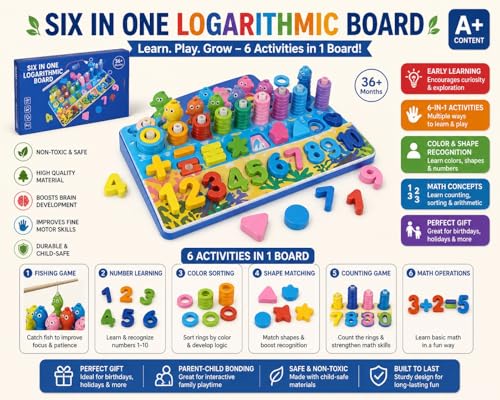 Image of Toywood 6-in-1 Wooden Montessori Learning Board for Kids - Fishing Game, Number & Shape Sorting, Counting Rings, Math Puzzle & Color Matching Educational Toy for Toddlers