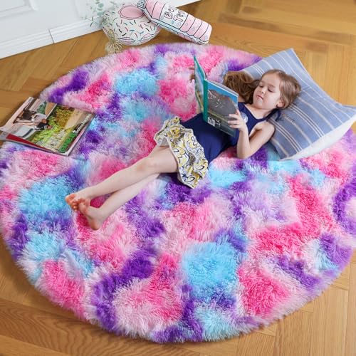 Amdrebio Hot Pink Rainbow Round Circle Area Rug 6Ft for
