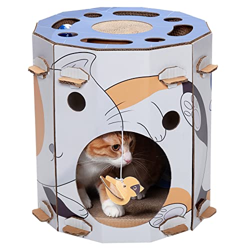 Image of Furhaven Pet Furniture for Cats and Kittens - Tiger Tough Busy Kitty Hideaway Cat Scratcher Playhouse with Puzzle Box, Toys, and Catnip, Cat Print, One Size