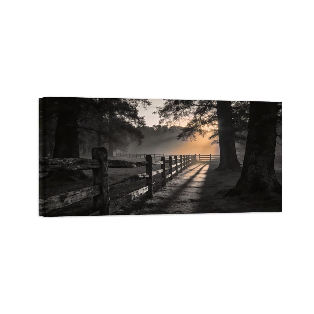 OZPWBVY Black and White Landscape Print Painting-Tree Sunrise-Minimalist Canvas Wall Art Picture for Home Ready to Hang 24x47in 60x120cm Wrapped Canvas