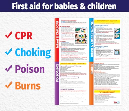 zoco  infant amp child first aid posters 2-pack  home daycare essentials  laminated 17x22  cpr choking poison amp burn chart  emergency safety sign for childcare amp infant rooms