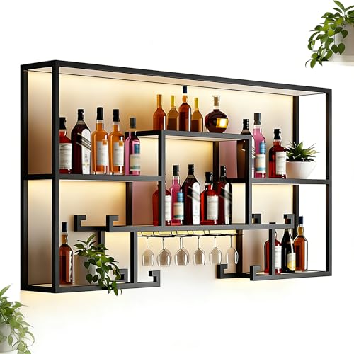 Botellero Industrial montado en la Pared，botellero Pared Metal con Soporte para Copa de Vino Estilo Industrial Mueble botellero portavasos para Vino Salón Bar Cocina Restaurante(Size:120CM)