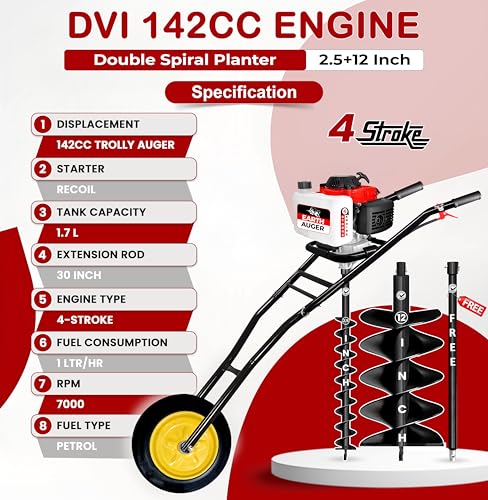 Image of DVI 142CC Trolley Earth Auger Machine, 4-Stroke Petrol Engine - with 2.5 Inch + 12 Inch Double Spiral Planter Bits & Free Extension Rod | For Plantation, Fencing & Post Hole Digging in All Soil Types.