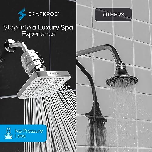 Image of SparkPod Filtered Shower Head, 23-Stage, 6 inch Square, Polished Chrome | Showerhead for Hard Water, High Pressure, Reduces Chlorine, Heavy Metals, For Dry Skin & Hair, Removable Capsule Filter