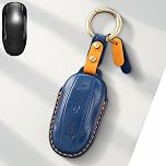 Genuine Leather Car Remote Key Fob Case Cover For Tesla Model S Model 3 Model Y (Blue)