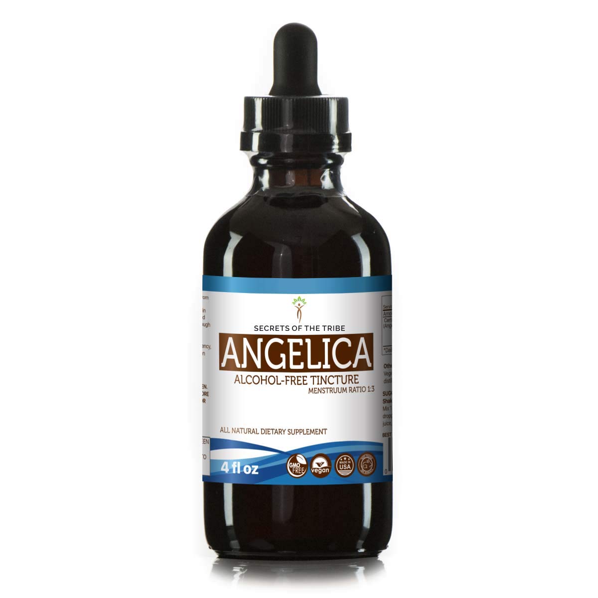 Secrets of the Tribe Angelica Alcohol-Free Tincture Extract, Angelica (Angelica archangelica) Dried Root (4 fl oz)