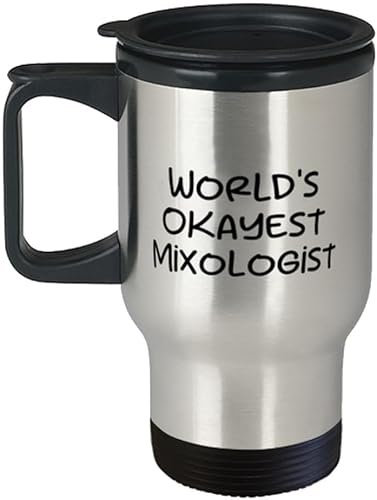 Beautiful Mixologist Gifts, World's Okayest Mixologist, Love Travel Mug For Coworkers From Coworkers, Bar supplies, Bar tools, Cocktail shaker,