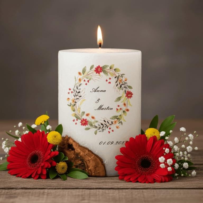 Ovale Hochzeitskerze "Blumekranz". - Hochzeitskerze mit echten Holz und versiegelte Wachsoberfläche. Docht oder Teelicht wählbar. (2 Dochte)