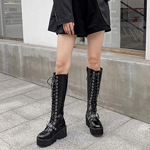 Image of Parisuit Women's Knee High Goth Platform Boots Lace Up Combat Boots | Chunky High Heel, Buckle Boots, Punk Chain Boots
