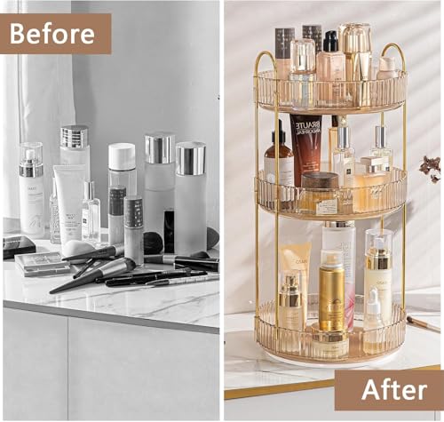Image of Dravina 360 Rotating Makeup Organizer Rack| 3 Tier Standing Countertop Cosmetic Vanity Tray For Makeup, Skincare|Corner Rack For Bedroom,Bathroom (3 Layer- Amber (Rack) + Gold Rods)