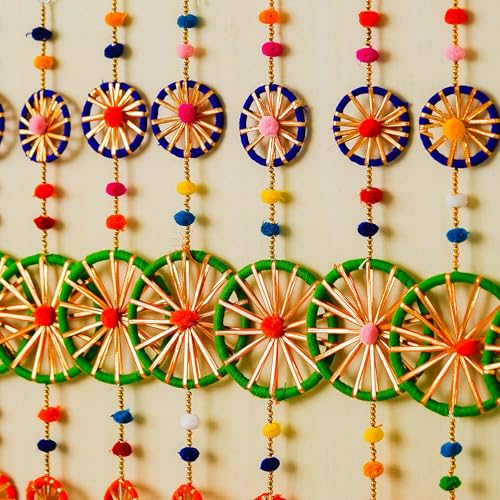 Image of eCraftIndia Multicolor Rings with Pom-Pom Tassels Bell Hangings (Pack of 4) Wall /Door Hangings, Toran for Home Decor - Ganesh Chaturthi, Navratri, and Diwali Decoration Items.