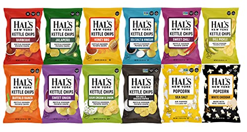 Hal's New York Kettle Cooked Potato Chips and Popcorn, Gluten Free, 2oz (12 Flavor Variety Pack, Pack of 24)