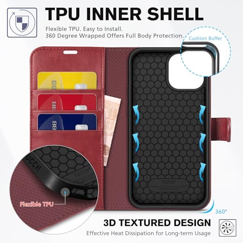 Image of TUCCH Case Wallet for iPhone 13 6.1 inch, Stand [RFID Blocking] [3 Card Holder] [TPU Shockproof Inner Shell], PU Leather Magnetic Protective Cover Compatible with iPhone 13 6.1 inch 2021, Dark Red
