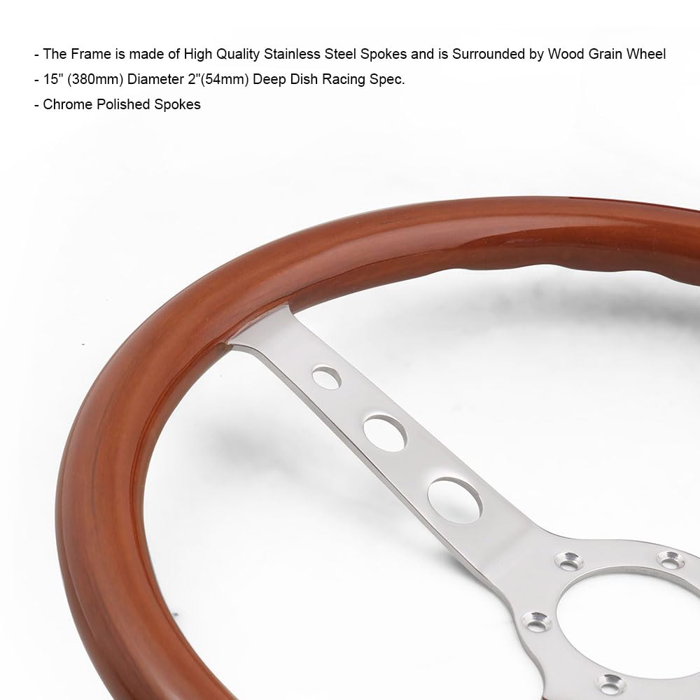 Volante da Corsa 15 pollici 380mm Volante Sport classico Sport in legno GRANELLO SIGLISSO Spazzolato Spazzolato Cromo Profondità del volante 55mm