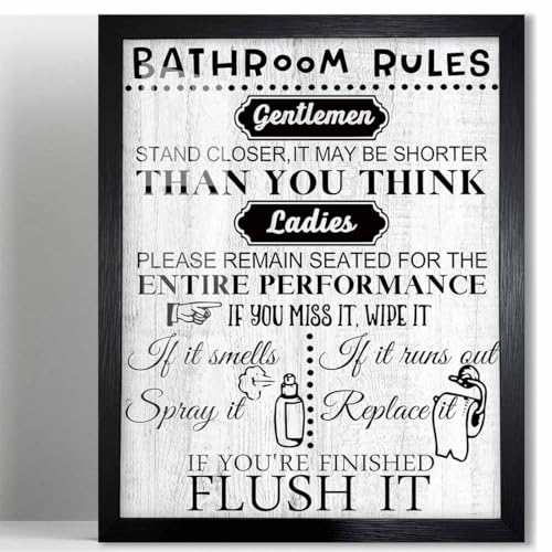 Biufo Bathroom Rules Wall Decor, Framed Bathroom Quotes Wall Art, Canvas Print Poster Toilet Restroom Decor (8'x10')