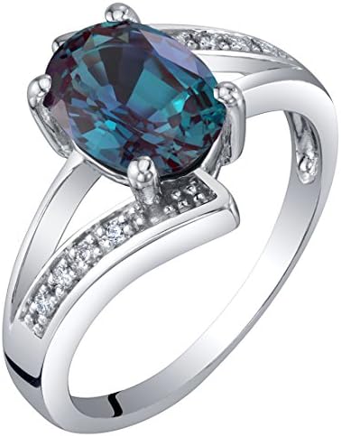 Peora Created Alexandrite and Genuine Diamond Solitaire Bypass Ring for Women 14K White Gold, Color Changing 1.50 Carats Oval Shape 8x6mm, Size 5