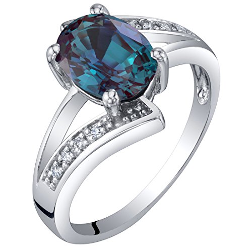 Peora Created Alexandrite And Genuine Diamond Solitaire Bypass Ring For Women 14K White Gold, Color Changing 1.50 Carats Oval Shape 8X6Mm, Size 5 #TOP14