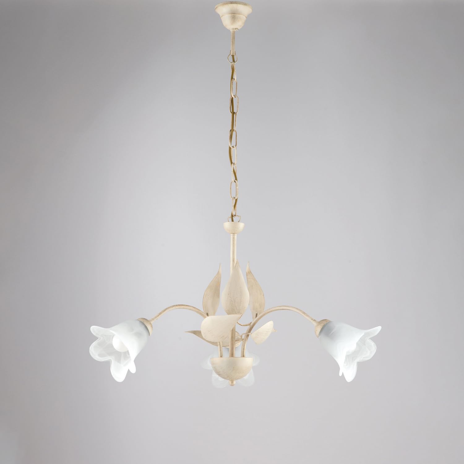 Lampadario 3 Luci Ferro Battuto e Vetro Avorio e Oro Serie Olga