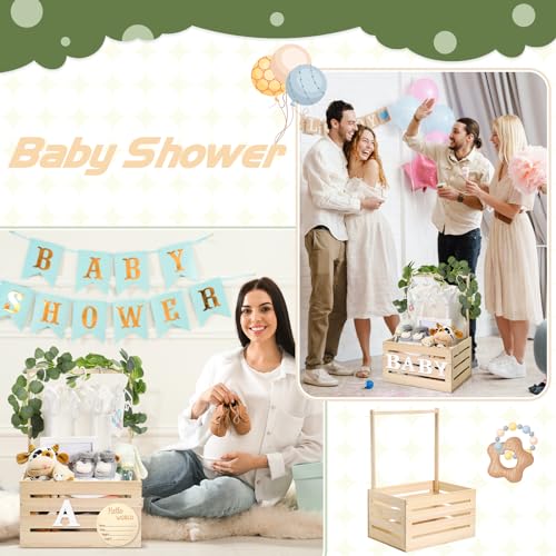 Image of Barydat Wooden Baby Shower Crate Closet Basket with Handle Baby Announcement Sign Garland Hangers Large Letter, Wooden Gift Crate, Letters for Pregnancy New Parent Party(Beige)