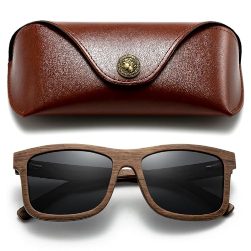 SUNGAIT Brown/Black Oak Wood Polarized Sunglasses Classic Retro Square Shades for Men Women Driving Gifts (Brown Oak Frame/Grey Lens)